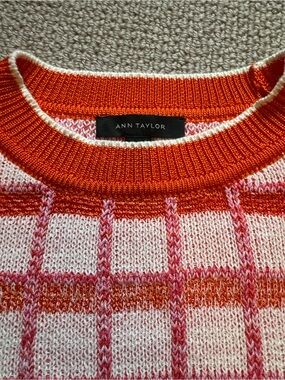 Ann Taylor Crewneck Sweater in Orange and Pink Plaid